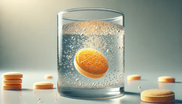 Imagem de um comprimido efervescente de vitamina C se dissolvendo em um copo de água, em formato retangular.